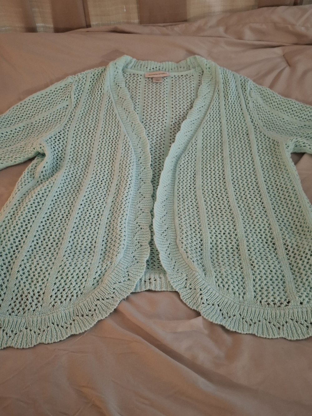 Christopher & Banks Women's Aqua Open-Weave Crochet Knit Open Front Jacket - Picture 2 of 7